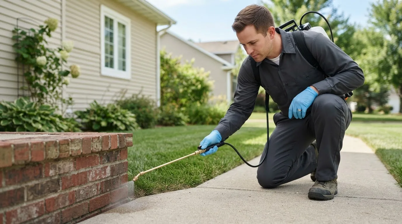 Pest control technician treating a home near Fifty Lakes, MN